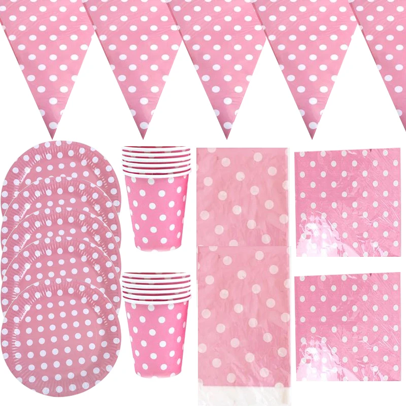 

51pcs/lot Pink Dots Theme Hanging Banner Birthday Party Flags Plates Cups Tablecloth Decorate Boys Kids Favors Bunting Napkins