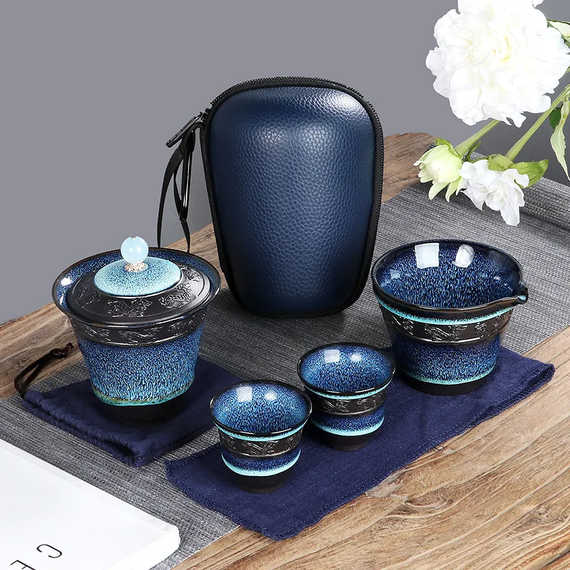 

Китайский дорожный чайный сервиз Кунг-фу, керамический глазурь, чайный сервиз, чайный сервиз Gaiwan, фарфоровый чайный сервиз, чайные принадле...