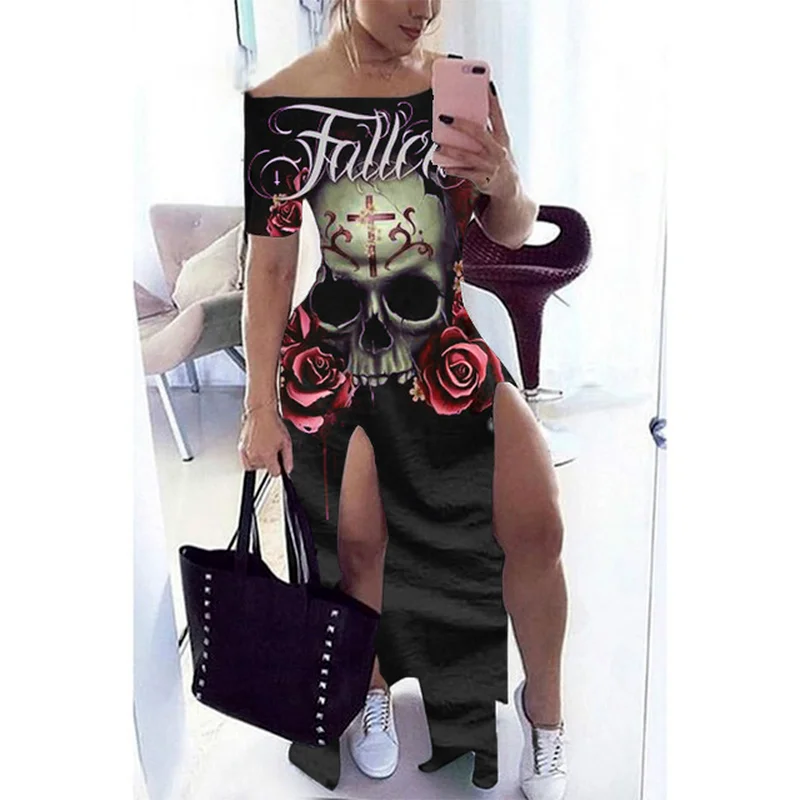 

Skull Print Women Short Sleeve Off Shoulder Dress Summer Gothic Style Ladies Casual Black Long Boho Dresses Plus Size