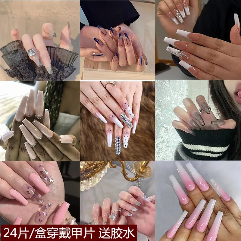 

24PCS Fake Nails With Glue Rhinestones Long Detachable French Stick on Nails Coffin Flame Press on Nails Art DIY Manicure Tool