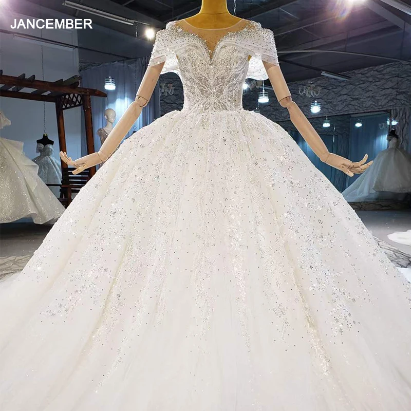 

HTL2067 Luxurious Sexy V-Neck Crystal Beading Sequined Wedding Dress 2021 For Woman Lace Up Back Short Sleeve