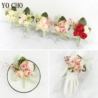 yo cho corsage wedding bracelet bridesmaids flowers on hand artificial silk roses red wrist corsage bridal accessory boutonniere