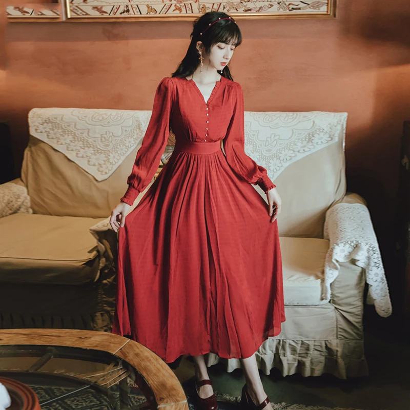

С v-образным вырезом женские вечерние платье в винтажном стиле, с пышной юбкой красного вина с завышенной талией женские платья 2021 с длинным...