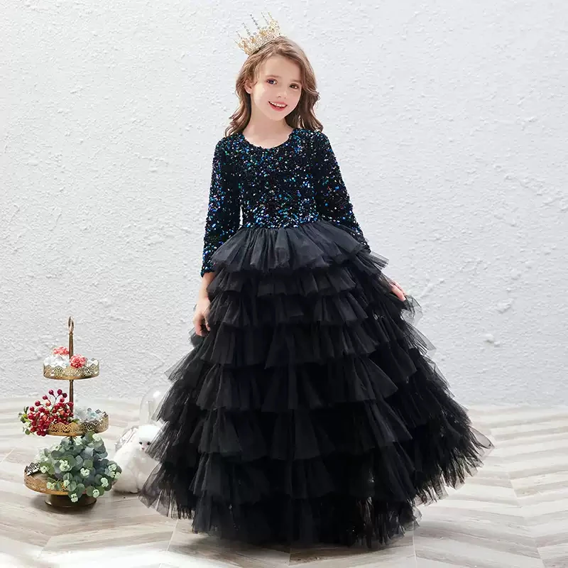 

Flower Girl Dresses Illusion Three Quarter O-Neck Princess Floor-Length Tulle Lace Luxury Tiered Sequined Kids Party Gown H477