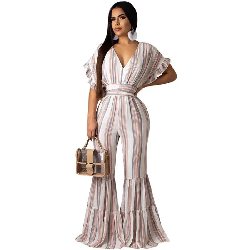 

Sexy V-neck Striped Jumpsuit Summer Romper Women Ruffles Short Sleeve Loose Flare Pants Elegant One Piece Overalls Club Outfits