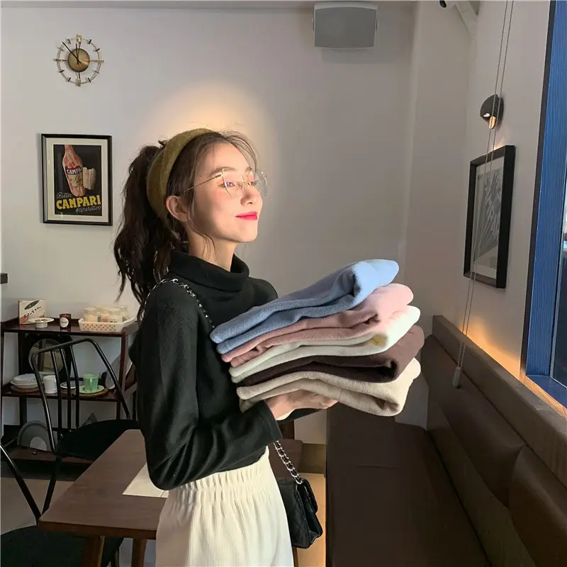 Черная Женская зимняя верхняя одежда с высоким воротником футболка длинным