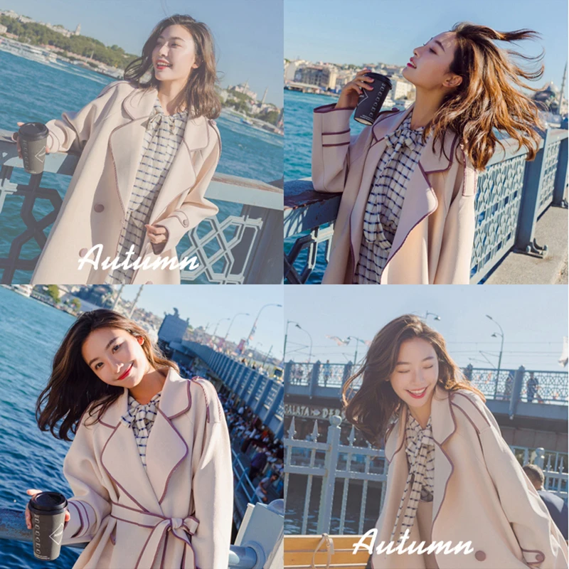 

Women Solid Medium Long Trench With Belt Beige White Female Full Sleeve Coat Double Breasted L2011111