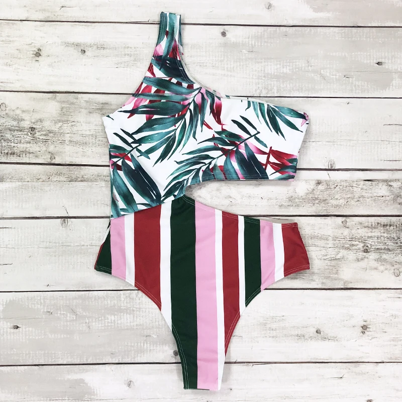 Женский слитный купальник с принтом одним плечом женский в полоску новинка 2019| |