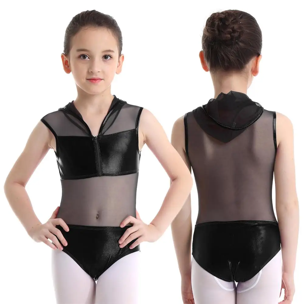 Teenager Ballet Dance Dress for Kids Girls Shiny Metallic Hoodie Mesh Patchwork Zipper Gymnastics Leotard Costume | Детская одежда и