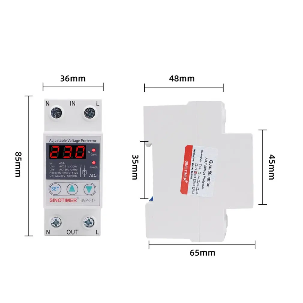 

SVP-60L 230V 40A Automatic Recovery Under Voltage Over Voltage Protector Relay Breaker Protective Device LED Display