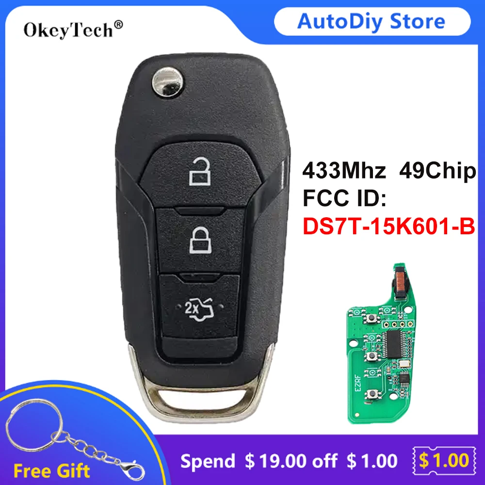 

Ключ дистанционного управления Okeytech, 433 МГц, 3 кнопки, для Ford Fusion Escort Explorer FCC:DS7T-15K601-B ID49