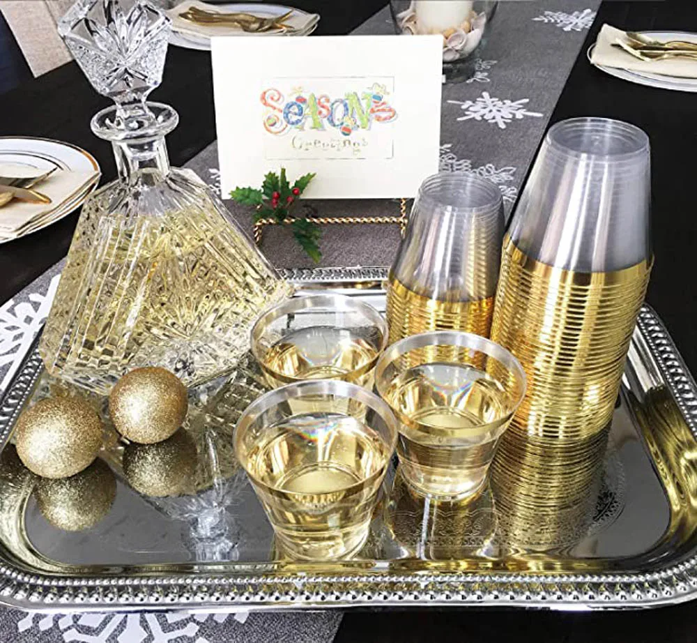 

Golden plastic cup 9 oz hard disposable cup plastic wine glass party wedding wine glass transparent plastic cup with gold rim