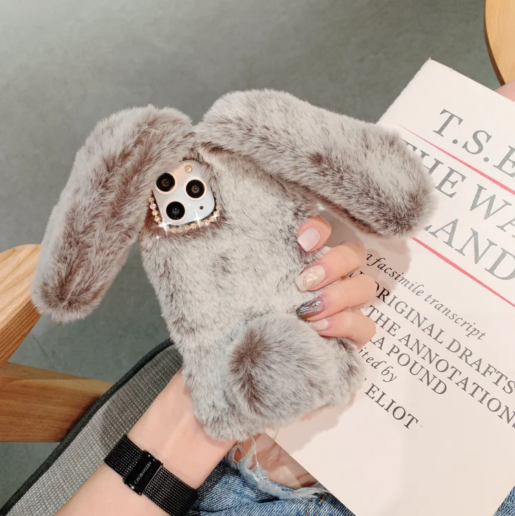 rabbit brown Чехол для телефона с пушистым плюшевым теплым кроликом для iPhone 11 Pro Max X XR XS Max 6 6 s 7Plus 8Plus чехол из мягкого ТПУ с меховым кроликом и бриллиантами - Цвет: rabbit brown