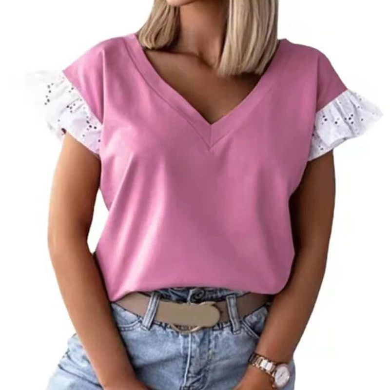 

Sexy Embroidery Butterfly Short Sleeve Hollow Out Blouse 2021 Spring V Neck Patchwork Shirt Retro Women Casual Loose Summer Tops