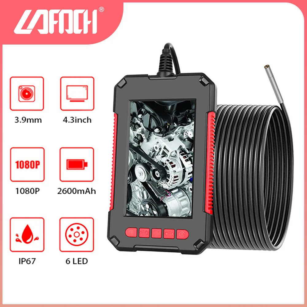 

3.9mm Digital Industrial Endoscope 1080P HD 4.3'' Color LCD Screen IP67 Waterproof Borescope Inspection Camera with 6 Led Lights
