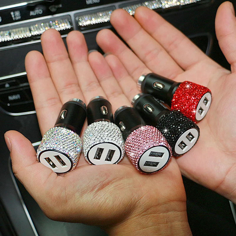 

Dual USB Car Charger For Mobile Phone Tablet GPS Crystal Diamond Phone 3 Data Line Wire In Car Cigarette Lighter Car Accessories