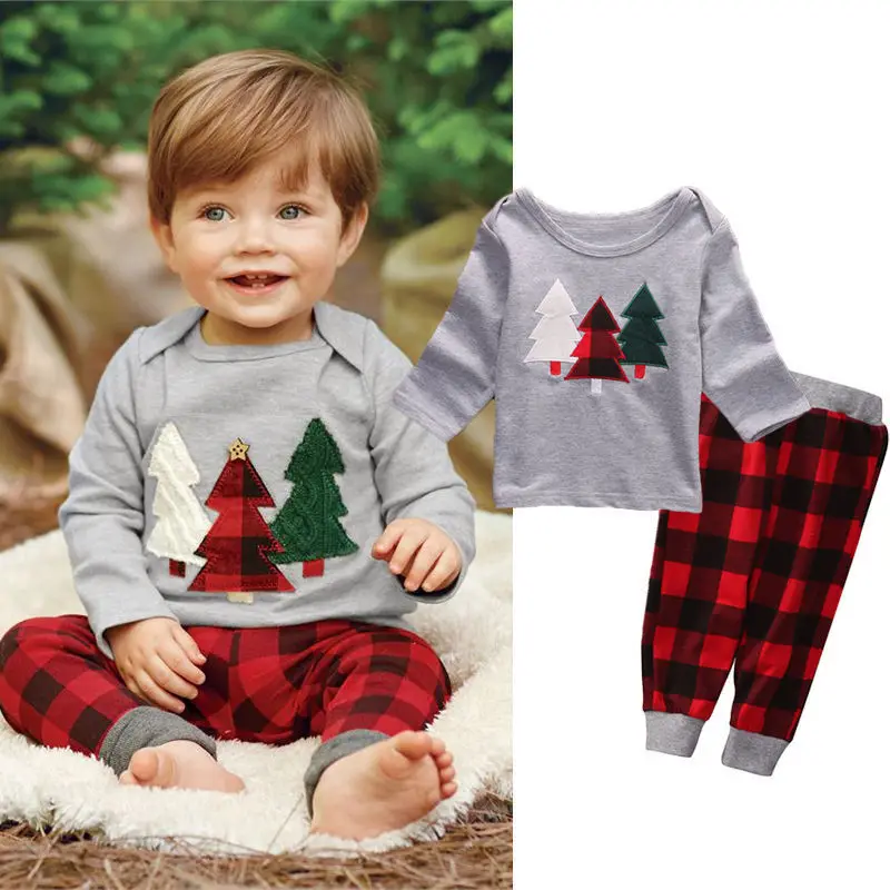 

2PCS Kids Baby Boy Long Sleeve Christmas Clothes Set Long sleeve T-shirt+Plaid Pants Xmas Outfits