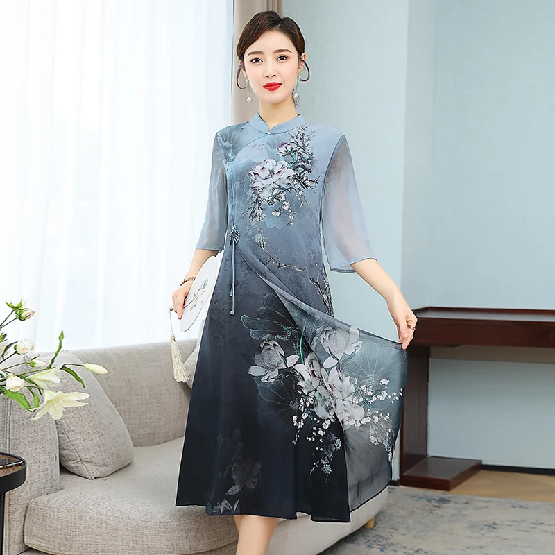 Женское длинное платье в китайском стиле летнее с коротким рукавом элегантное