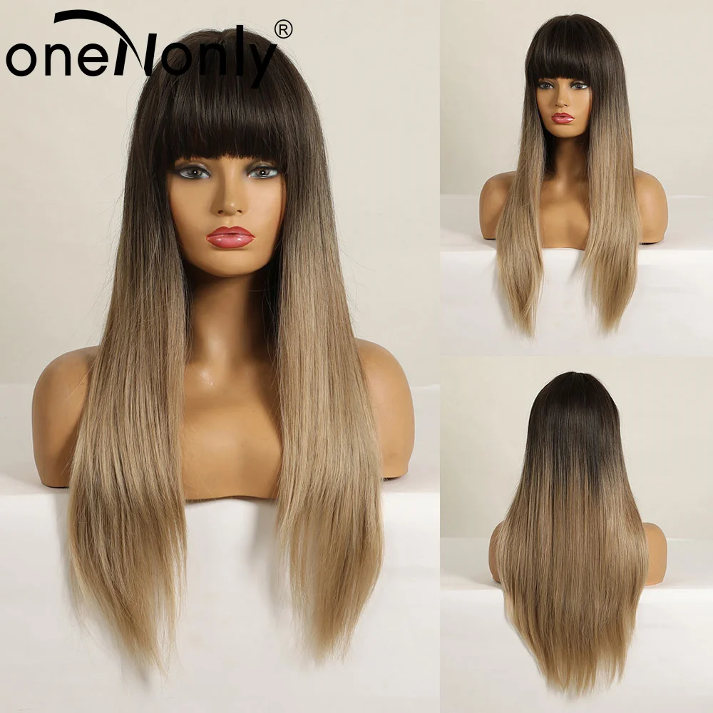 

oneNonly Long Straight Dark Drown Black Omber Blond Brown Synthetic Wigs with Bangs for Women Natural Cosplay Party Hair