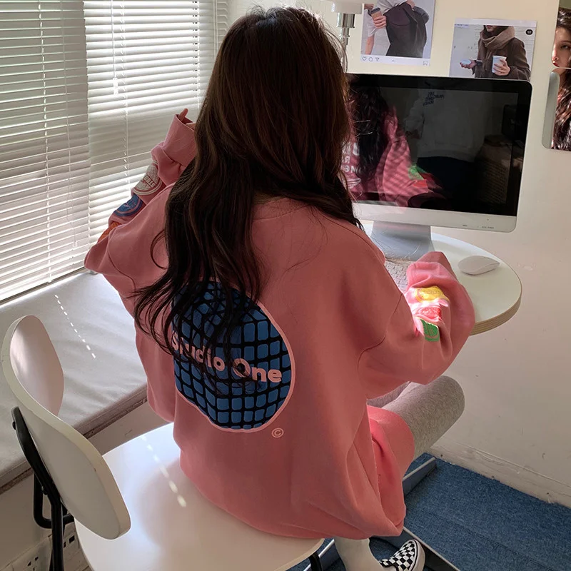 

American Retro Pink Sweatshirt Women's Spring and Autumn Thin Loose Bf Idle Style Oversize Hooded Coat Ins Fashion.Kio