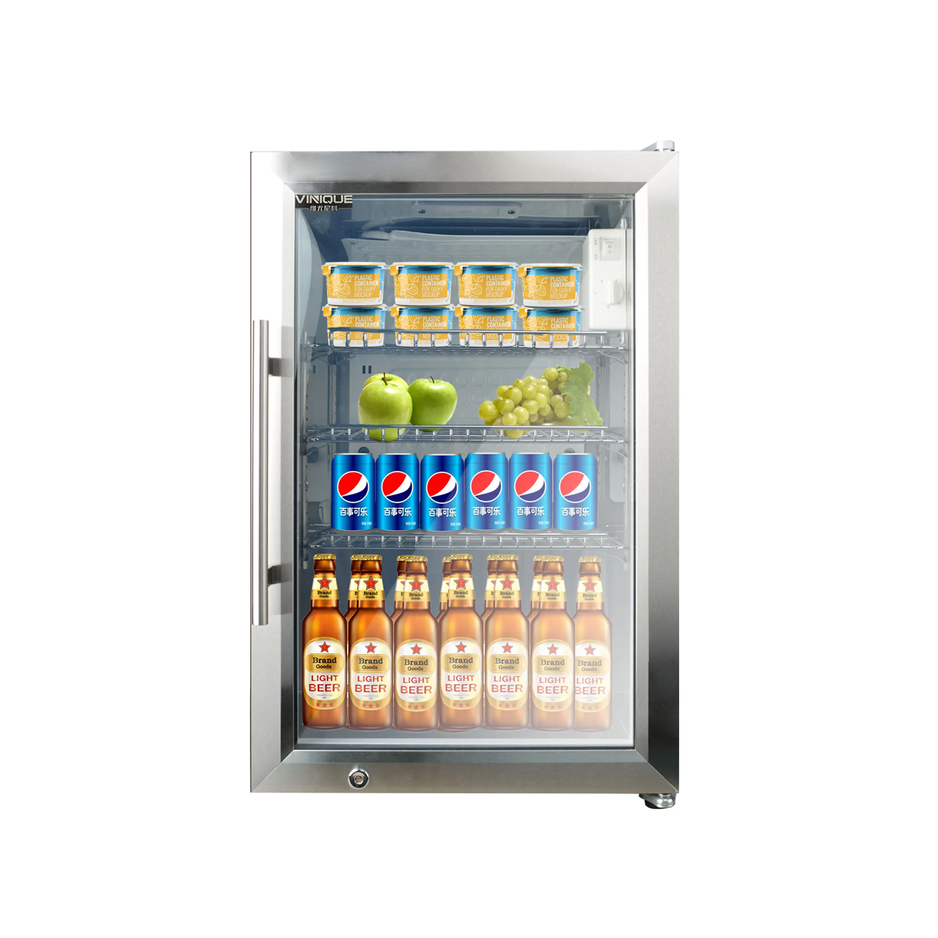 Stainless Steel 304 Mini Fridge Glass Door Under Counter Bev