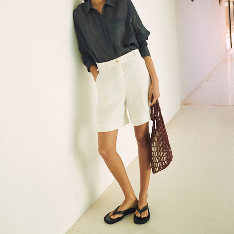 

Meriahzheng 2021 Summer Women's Retro Casual Casual High Waist Drop Sense Simple Wind Black White Two-Color Shorts Women PYL