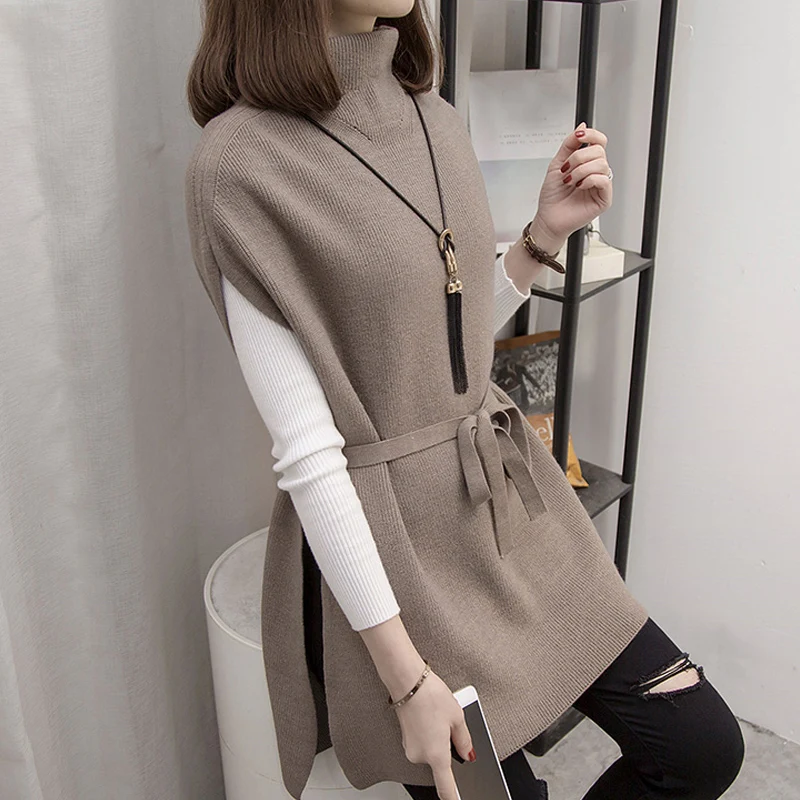 

Half Turtleneck Split Sweater Two Piece Set Women Lace Autumn Winter Casual Pullovers Jumpers Loose Knit Mid-Length Waistcoat
