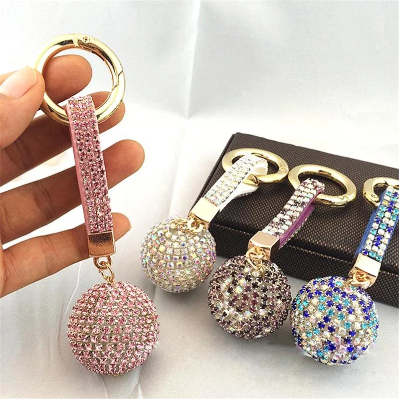 

Women Rhinestone Leather Strap Crystal Ball Car Keychain Charm Pendant Key Ring
