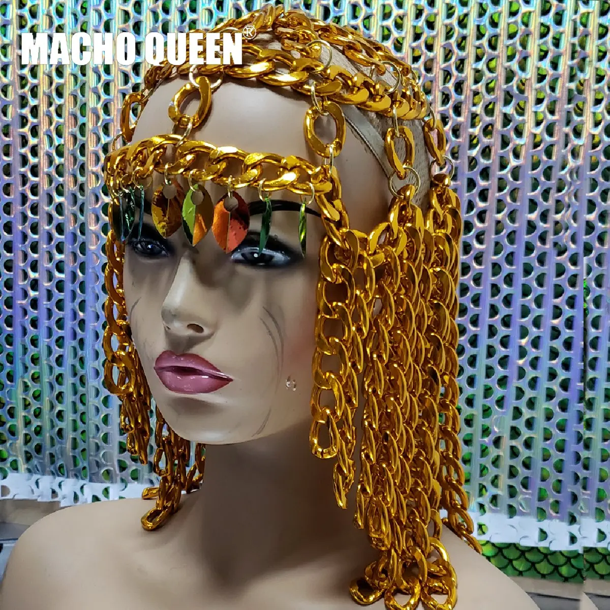 

Burning Man Drag Queen Costumes Gold Chain Headpiece Headdress Stage Fashion Show Gogo Dancer