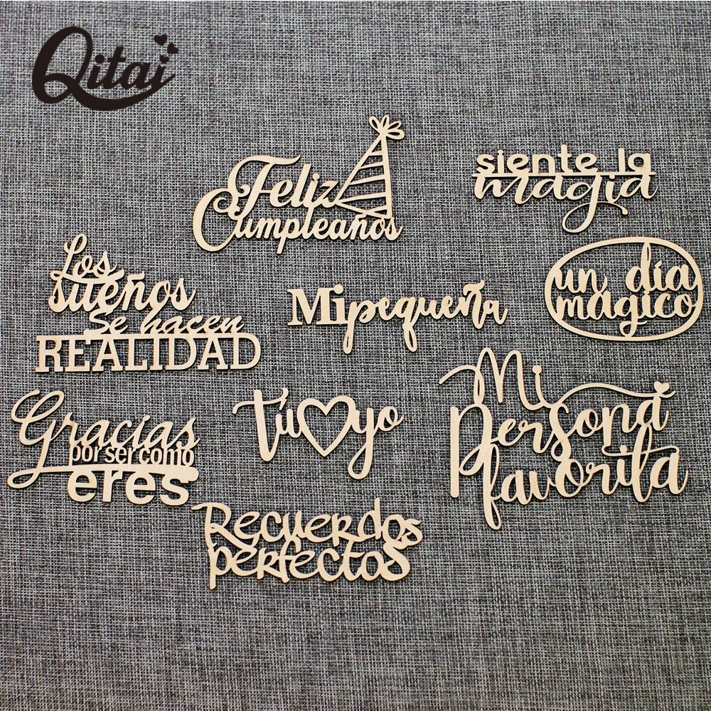 

Spanish Words QITAI 9PCS/BOX 9 Model laser cut wooden love Gift Baby New Born unpainted Wooden Words Set Decoration album WF319