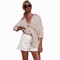 european american popular womens spring summer hot selling fashion solid color button cotton linen shirt top