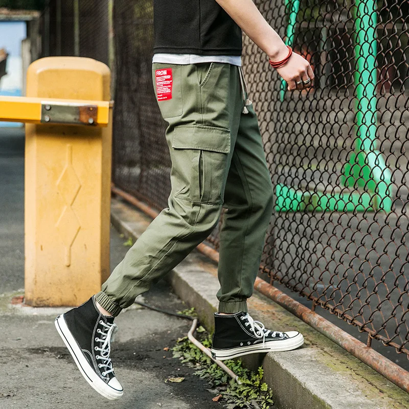 Мужские брюки карго с карманами фиолетовые ребристые тактические надписью для