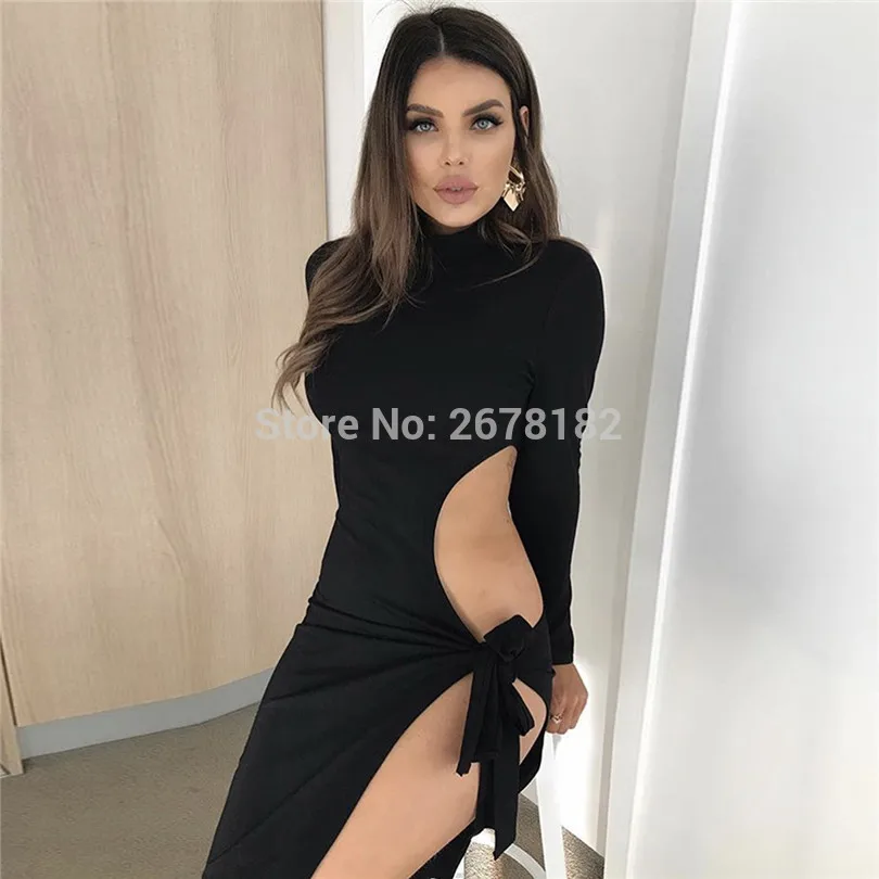 Женское осеннее платье новинка 2019 длинный рукав высокий воротник открытая талия