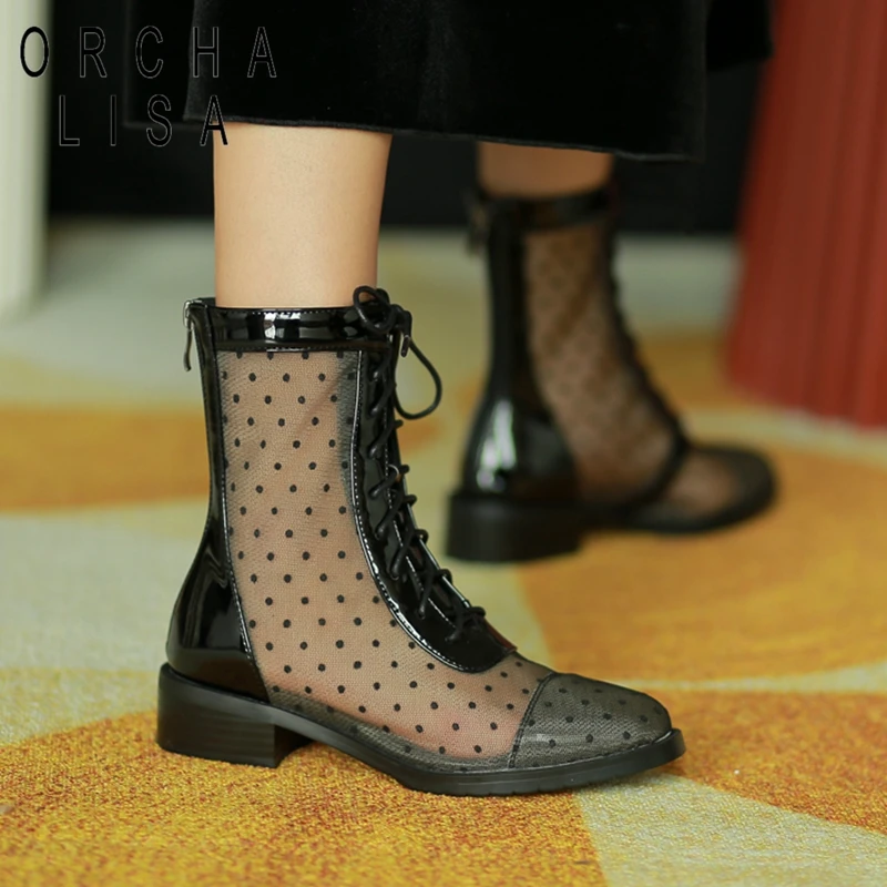 

Новинка 2021, женские ботильоны с круглым носком, 3,5 см, на блочном каблуке, из лакированной кожи, с сеткой, в стиле пэчворк, в горошек, большие р...