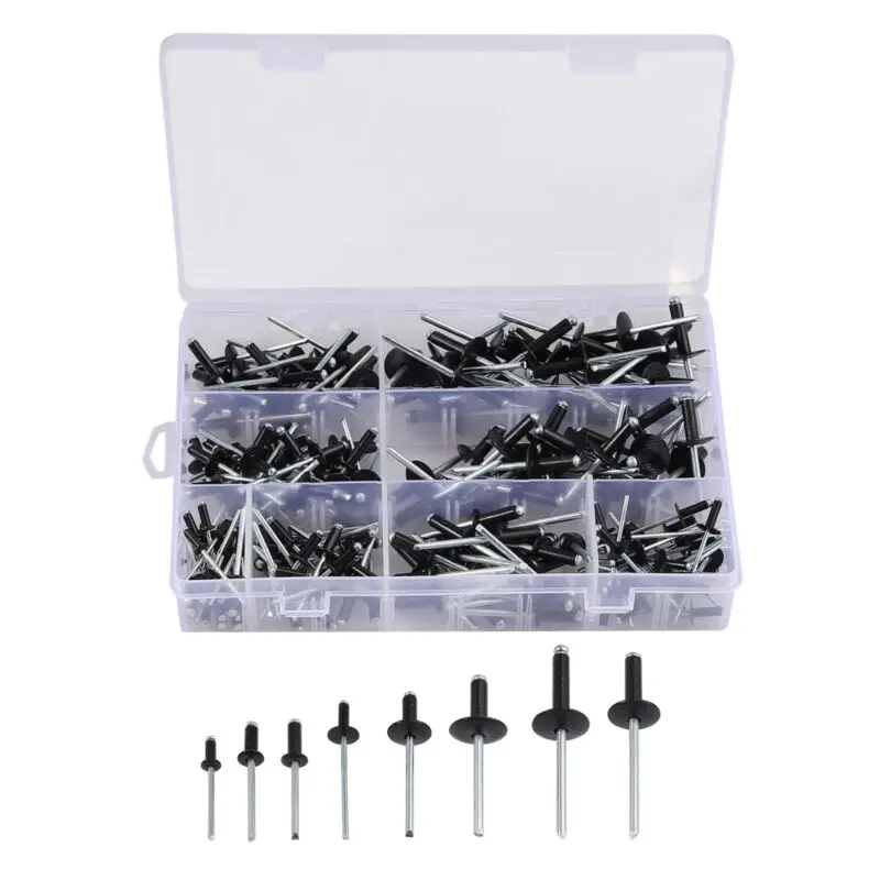 

200Pcs/Set Black Rivets Standard &Large Flange Aluminum Alloy 8~18mm Durable
