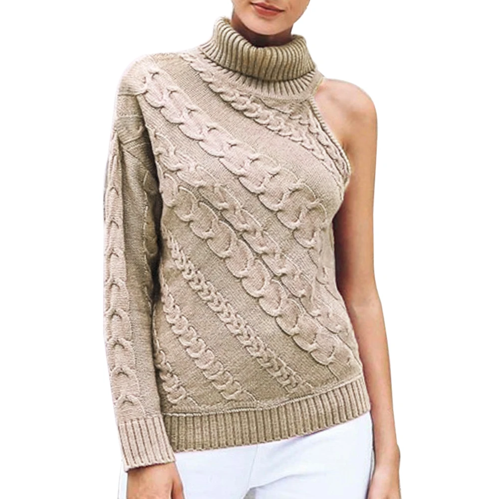 Женский вязаный свитер с открытым плечом однотонный пуловер высоким воротником