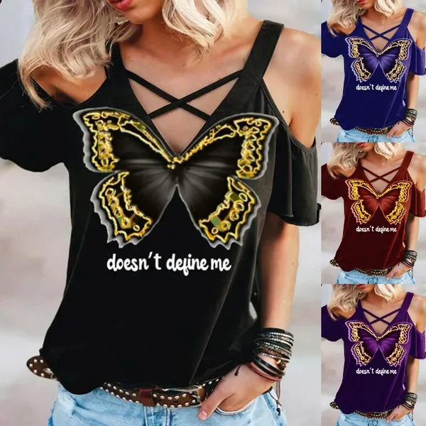 

Sexy Off Shoulder Boho Butterfly Print Blouse Shirts Summer Women Letter Shirts Tops 2021 Summer Elegant Short Sleeve Blusas 5Xl