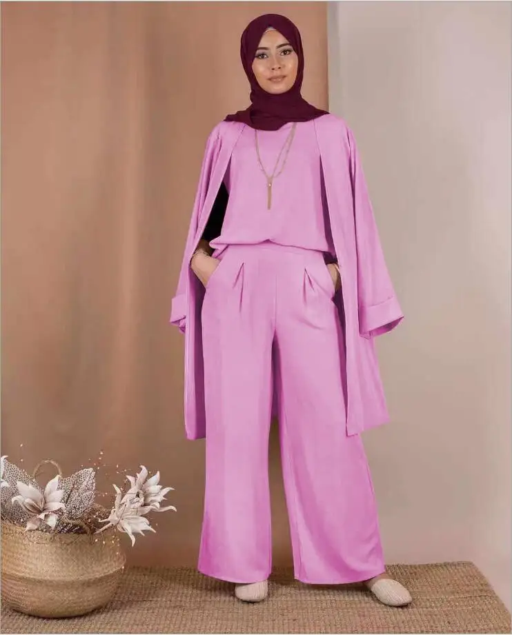 Модная скромная одежда из 3 предметов в арабском стиле для женщин, abaya cardgan+ рубашки+ штаны, мусульманская одежда, комплект, женский костюм в западном стиле, исламский - Цвет: 1