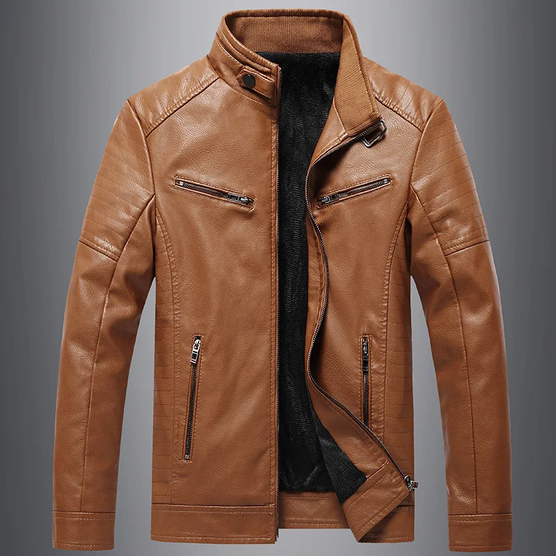 

HOO 2021 Men's New Fleece-Lined Casual Stand Collar PU Leather Jacket