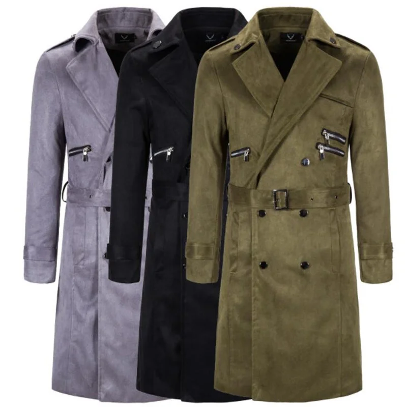 New men's long trench coat European American style youth solid color casual double-breasted clothes chamarras para hombre