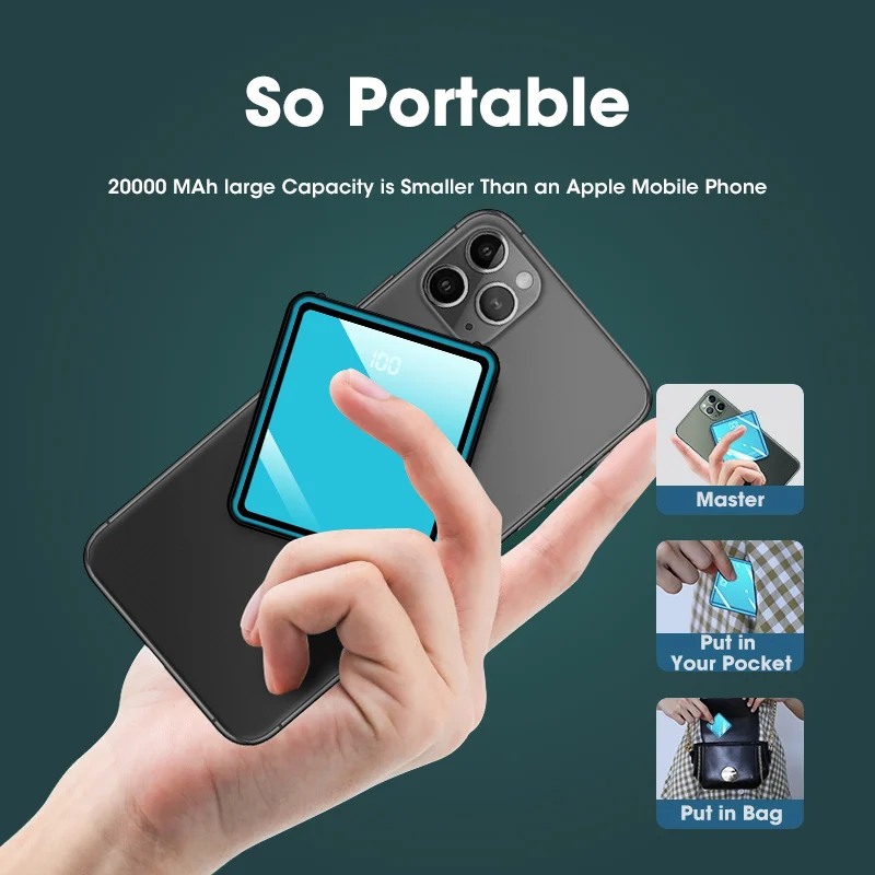 Беспроводное зарядное устройство Qi портативное на 20000 мАч с кабелем внешний