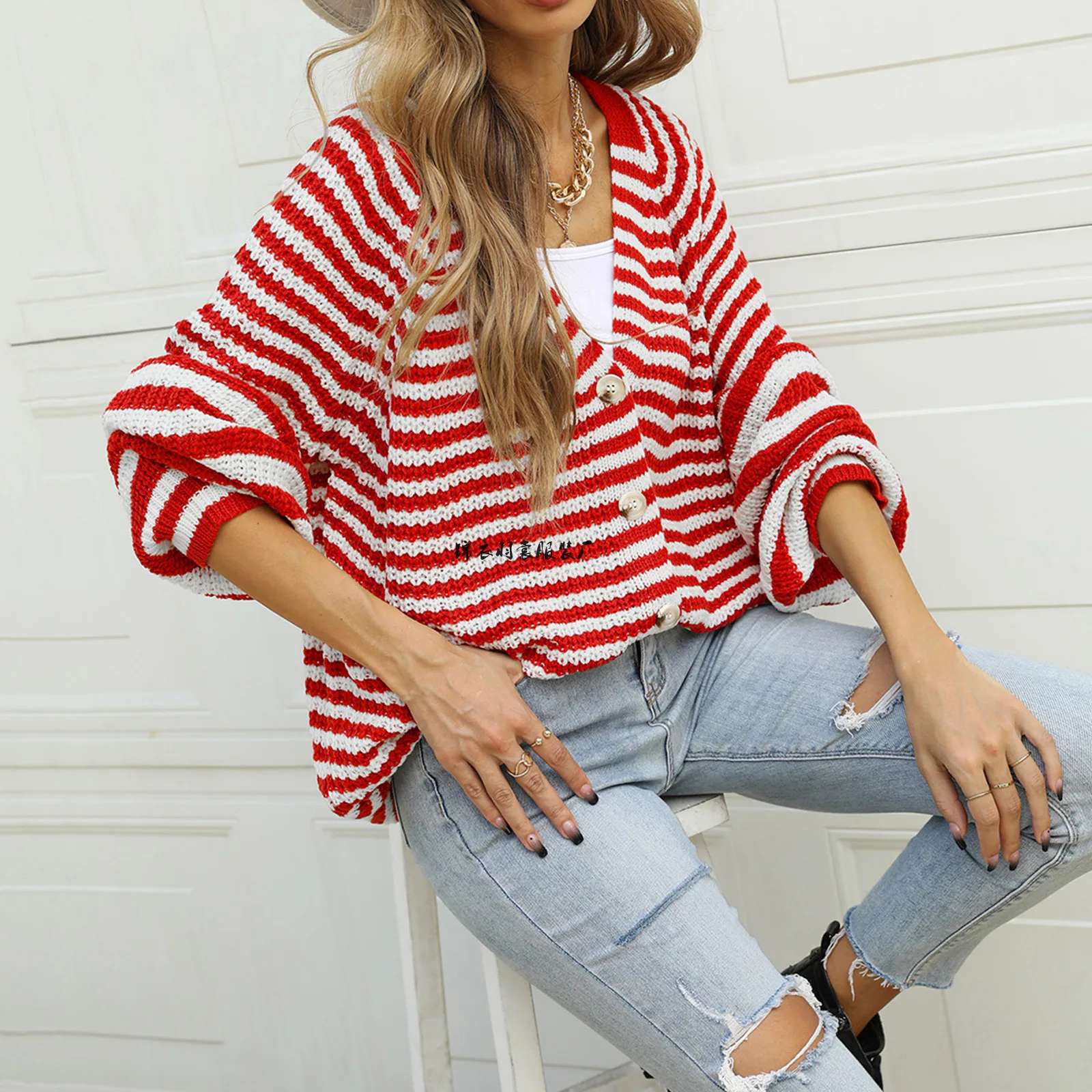 

Women Sweaters Autumn/winter 2021 Striped Knitted Large Size Loose Lazy Brown Single-breasted V-neck Cardigan Sweater