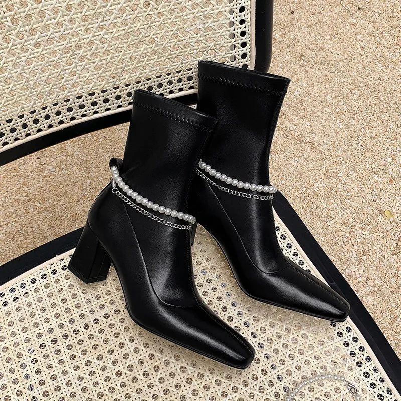 

MEMUNIA 2021 Hot Sale Slim Stretch Boots Women High Heels Party Shoes Slip On Pearl Chain Fashion Winter Ankle Boots Women