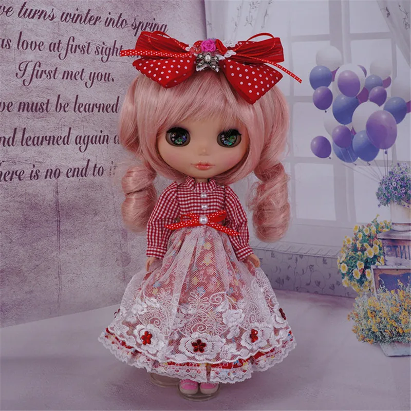 Одежда для кукол blyth 1/6 кружевное платье в красную клетку с цветами Pullip Licca Azone