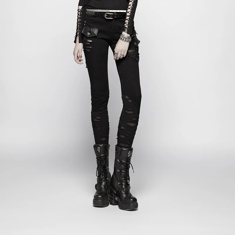Punk Women Trousers Black Long Pants Holes Patchwork Pencil Pants Fashion Women Clothes