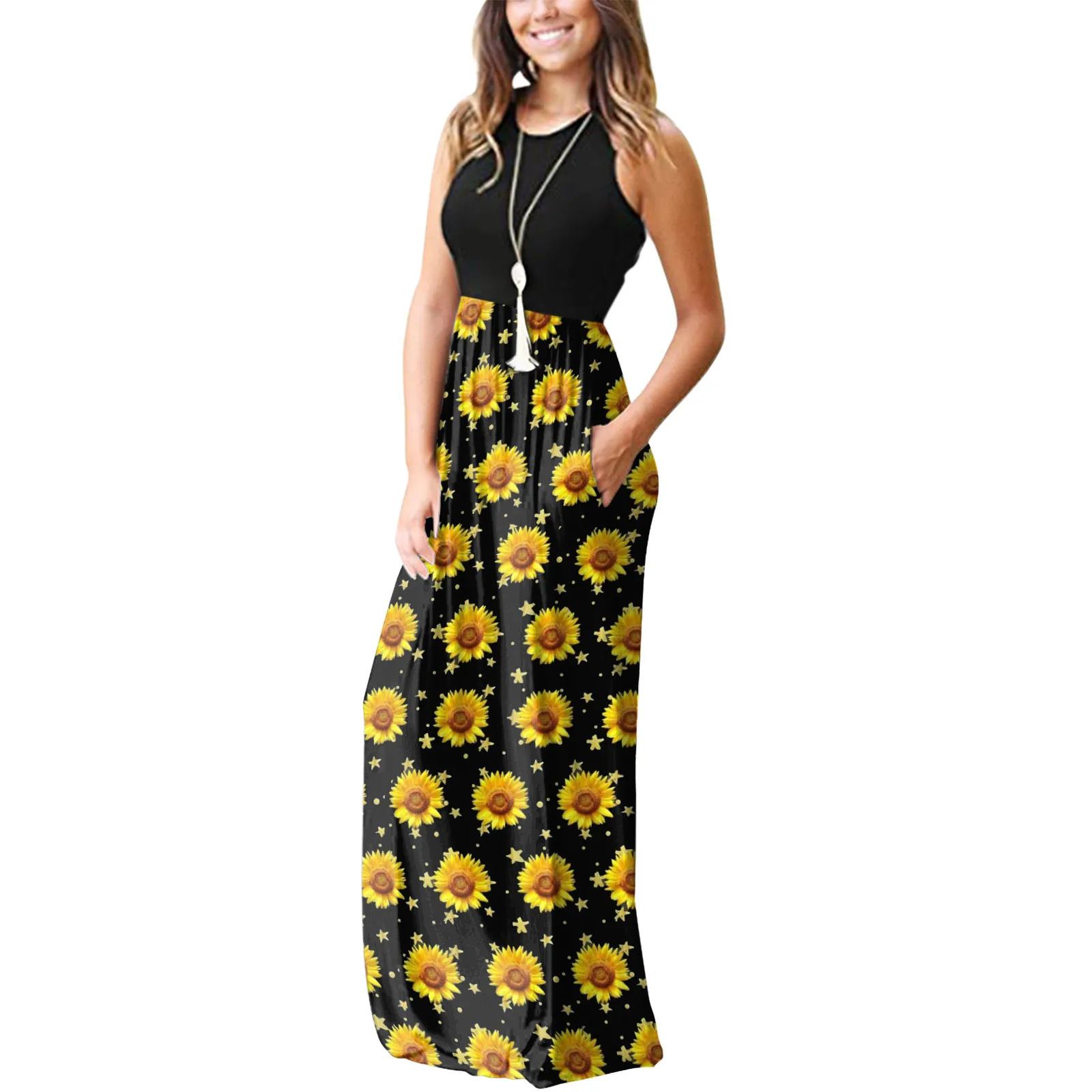 

40# Straight Tank Bohemian Dresses Pleated Sunflower Print Pockets Casual Long Dress Vintage Sexy Sleeveless Dress 2021 Robe