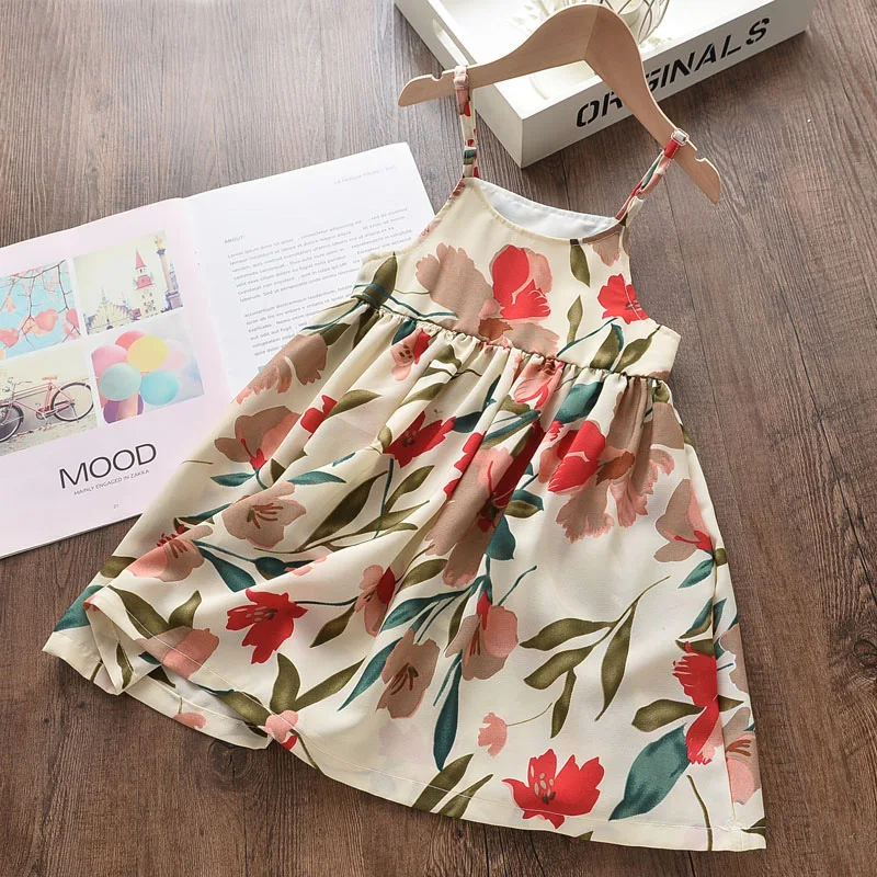 Милое платье принцессы на бретельках без рукавов с цветочным принтом для девочек
