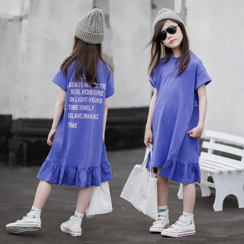 

Fashion 2020 Summer New Long Style Girls Letter Dresses Loose Children Casual Dresses Baby Girls Pure Cotton Dresses, #8581