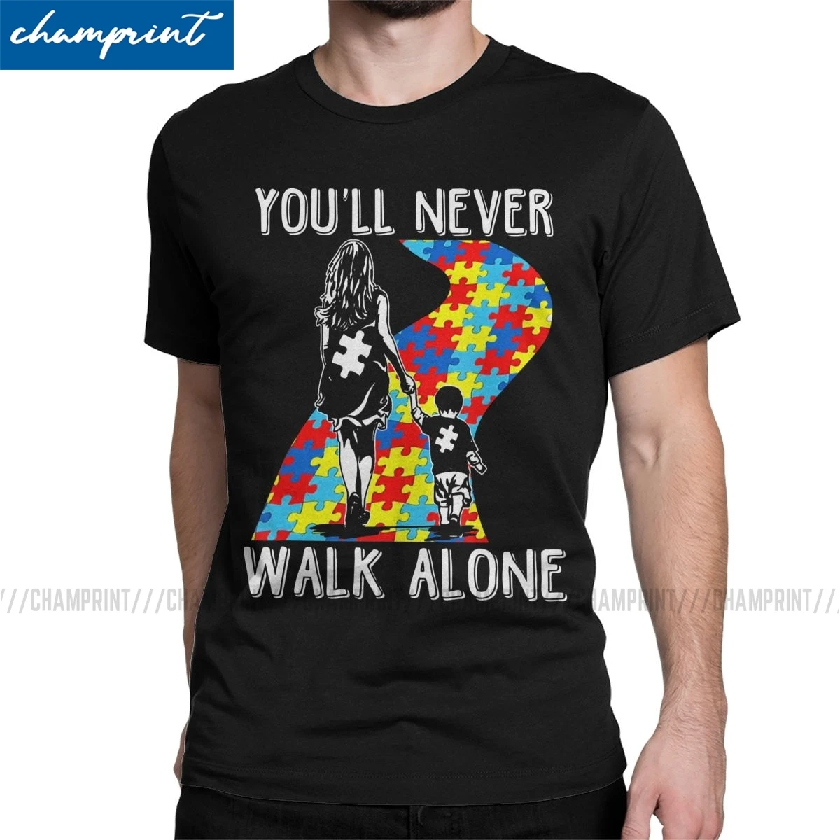 Cool Mom Son You'll Never Walk Alone Autism Awareness T-Shirts Men T Shirts Autismo Autistic Short Sleeve Tees Summer Clothing