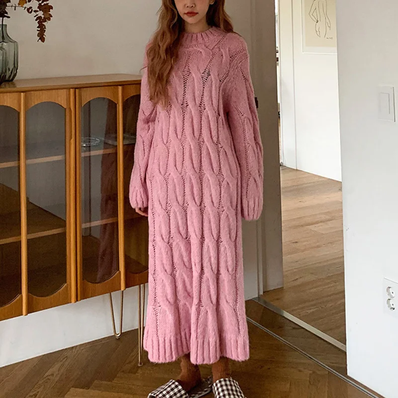 Длинное платье свитер на осень и зиму для женщин размера плюс в Корейском стиле